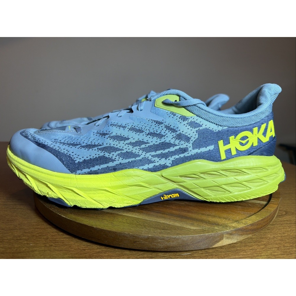 Hoka One One Speedgoat 5 Stone Blue Dark Citron Mens Shoes Size 14 2E Wide